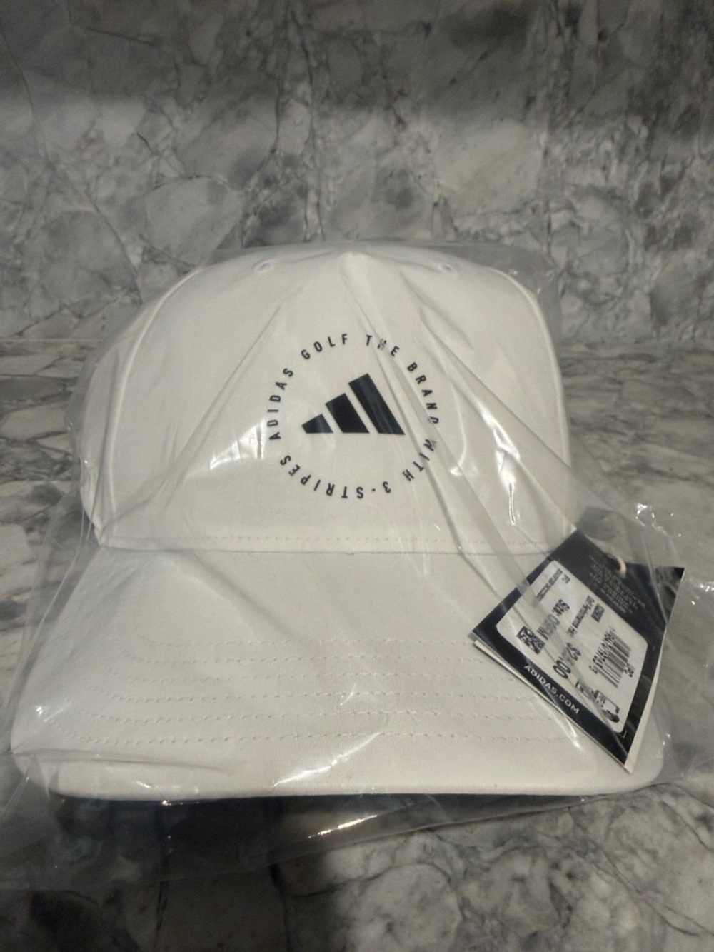 NEW, unopened ADIDAS White Golf Hat with Black 3-Stripes Logo